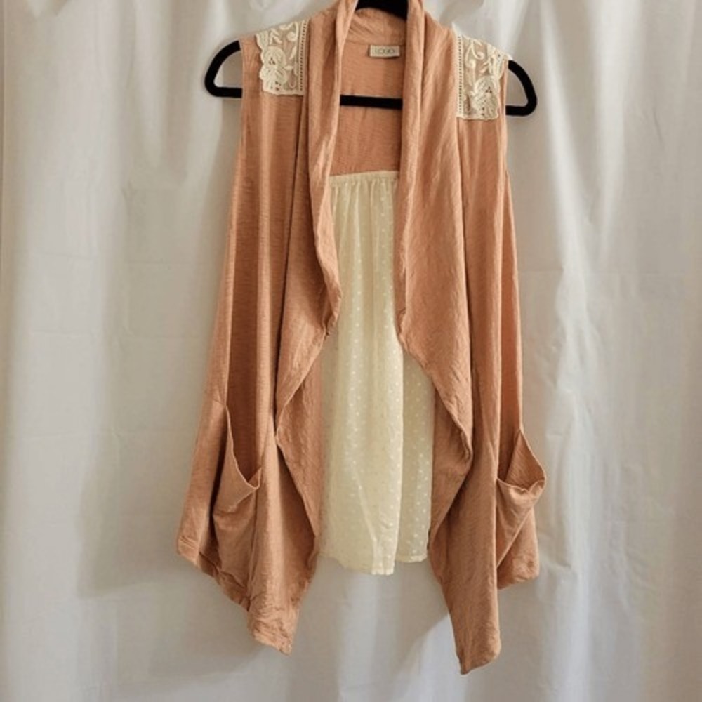 LOGO Lori Goldstein Open Vest XS Peach Lace Swiss Dot Boho Eclectic Romantic